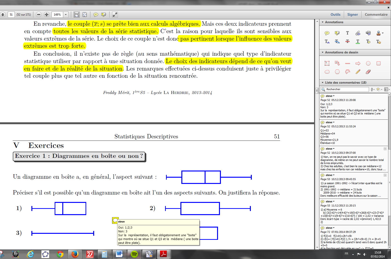 L insertion de notes dans le document permet aussi d ajouter la correction sommaire d exercices (p51).