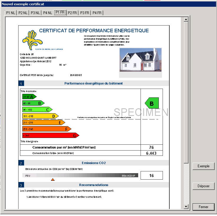 Figure 61: Spécimen de certificat Le certificat PEB se compose de plusieurs pages qui peuvent être choisies au moyen des onglets se trouvant dans le haut de l écran.