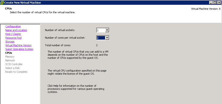 Choisir le système d exploitation invité, en l occurrence Windows 7 x64 Année académique 2013-2014 Figure 20 - Choix OS qui va être installé Définition du nombre de vcpu ainsi que le nombre de cœurs