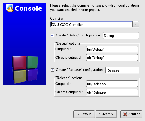 ensuite s ouvre une fenêtre permettant de choisir le compilateur (par défaut GNU GCC) et les versions qui seront générées, par défaut Debug