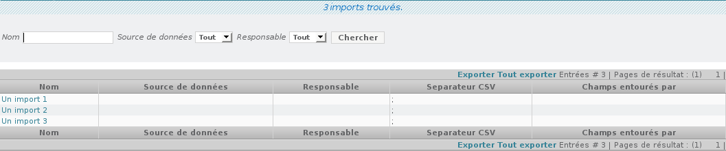 3 2 5 Cliquez sur l'import à consulter (3). 6 Le formulaire de consultation s'affiche. Les champs situés dans la section Fichier permettent de désigner le fichier CSV à traîter.