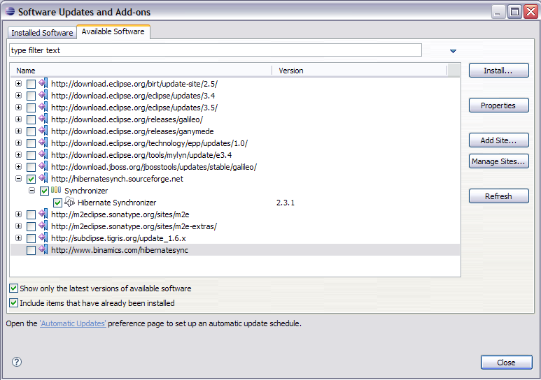 2. Installation de Hibernate Synchronizer Sous Eclipse, cliquez sur : «Help > Software Updates» Sous l onglet Aviailable Software, cliquez