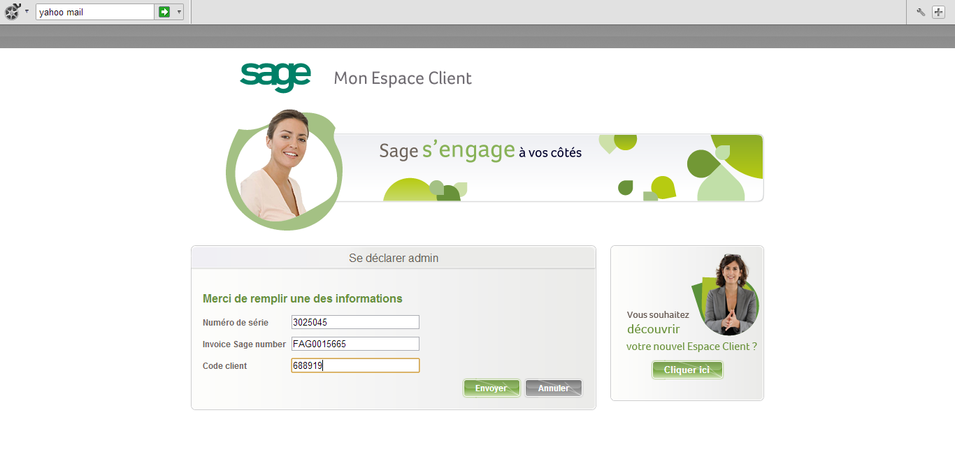 Relier Votre Espace Client à votre code SAGE. Il vous sera proposé de relier votre espace client votre compte client sage.