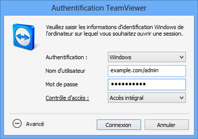 Autres options de connexion 7.2 Authentification sur l'ordinateur distant en utilisant un compte utilisateur Windows La boîte de dialogue d'authentification avancée.