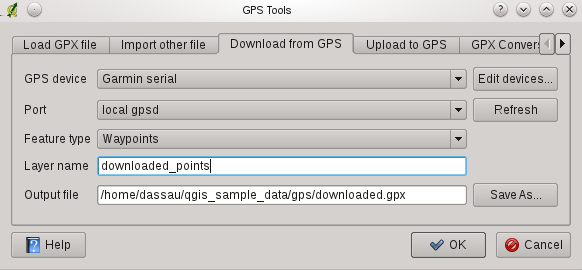FIGURE 14.1 The GPS Tools dialog window 14.1.3 GPSBabel Comme QGIS ne lit que les fichiers GPS au format GPX, vous avez besoin d un moyen pour convertir les autres formats de fichier GPS en GPX.