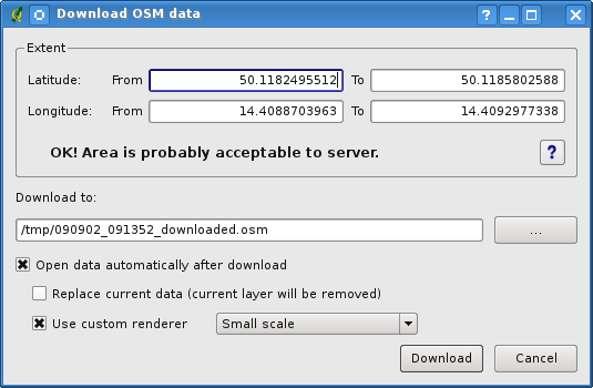 FIGURE 16.6 OSM download dialog Download to : Here you are expected to write a path to the file where data will be stored. If you can t remember the structure of your disk, don t panic.