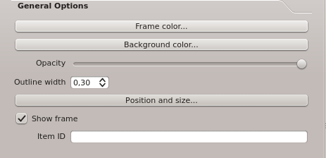 FIGURE 18.11 Legend Items Dialog FIGURE 18.12 General Options Dialog Vous pouvez ici choisir la couleur et le contour du cadre de l élément, mettre une couleur de fond et gérer son opacité.