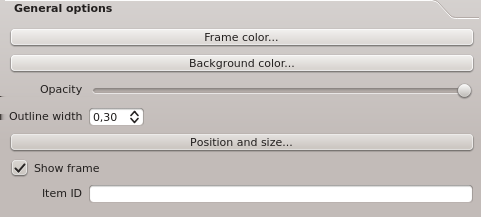 FIGURE 18.13 Scalebar Options Dialog FIGURE 18.14 General Options Dialog Vous pouvez ici choisir la couleur et le contour du cadre de l élément, mettre une couleur de fond et gérer son opacité.