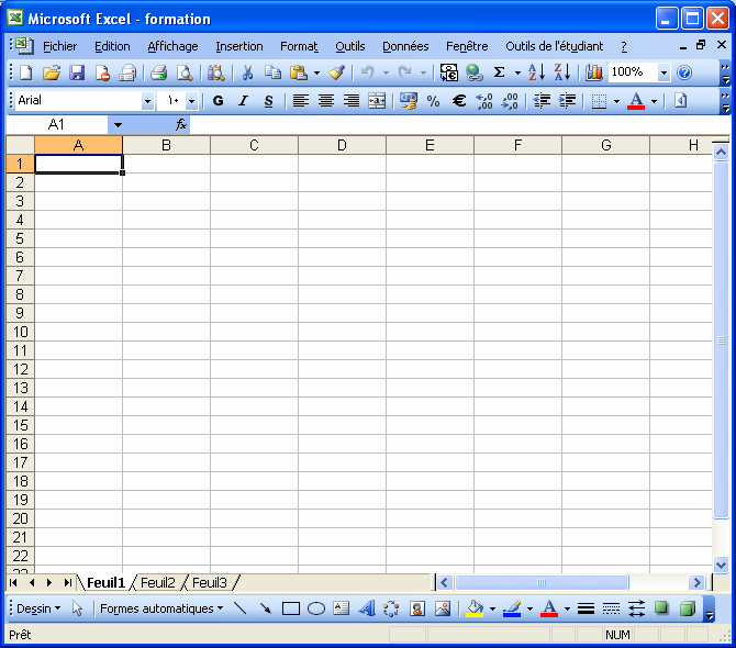 Cours d informatique Tableur: Excel 3)Fenêtre d Excel Nom du Barre de Classeur Menus Cellule Active Barre Barre d outils de Titre Standard Barre de formule Mise en forme En-têtes de colonnes Zone Nom