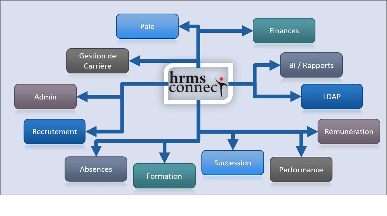 Approche Centré sur les données de l employé, HRMS Connect unifie les principales solutions RH du marché, ainsi que diverses applications opérationnelles et décisionnelles (annuaires d'entreprise