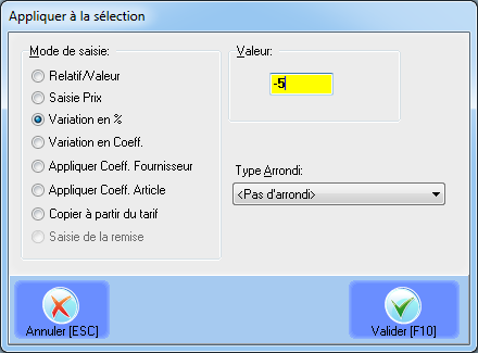 Cliquer sur le bouton «Select [F7]», un formulaire s affiche qui permet de choisir le type de modification de prix à appliquer à la sélection.