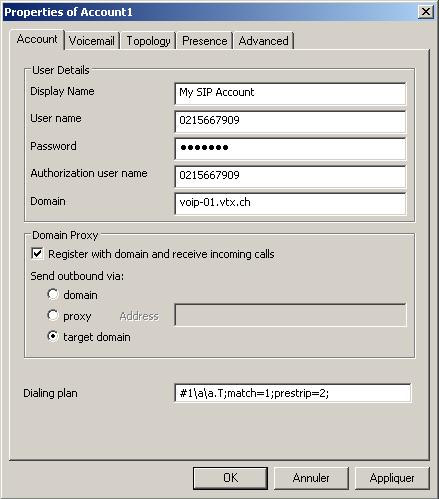 4 - Affichage des comptes SIP de X-Lite Veuillez indiquer les paramètres comme ceci : Display Name = Libre à votre choix (votre nom, etc ) User name = Password = Votre Login SIP Votre mot de passe