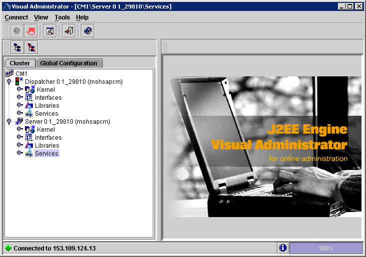 Figure 33 Outils - Visual Administrator Visual Administrator peut être utilisé à distance, il se trouve sur le serveur dans le répertoire E:\usr\sap\CM2\DVEBMGS02\j2ee\admin\go.bat.