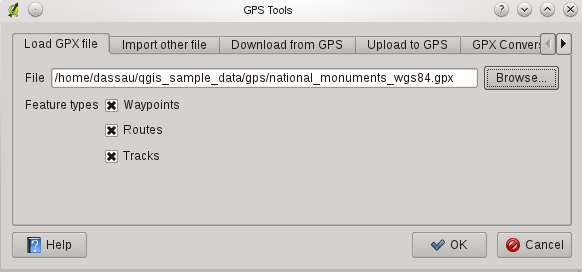 FIGURE 15.1 La fenêtre d Outils GPS données sont dans le système WGS84 (latitude/longitude). Cela correspond à la spécification officielle du format GPX et QGIS la suit. Voir http ://www.topografix.
