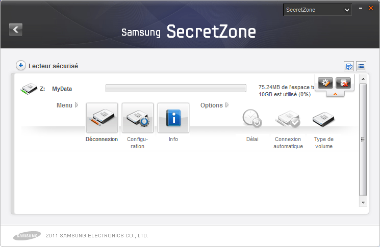 Chapitre 3 Fonctions de Samsung Drive Manager Supprimer le lecteur sécurisé L'option Supprimer le lecteur sécurisé permet de supprimer un lecteur sécurisé de la liste de Samsung SecretZone et de