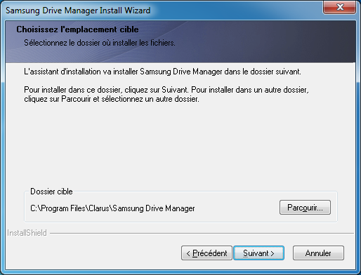 Sélection du dossier d'installation L'écran de sélection du dossier d'installation s'affiche pour le programme Samsung Drive Manager.