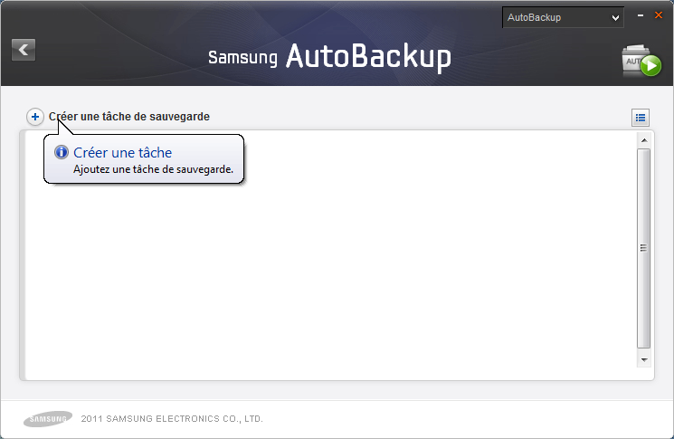Chapitre 1 Premiers pas avec Samsung Drive Manager Sauvegarde Cliquez sur «Créer une tâche de sauvegarde» sur l'écran de Samsung AutoBackup