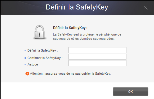 Chapitre 1 Premiers pas avec Samsung Drive Manager Configuration de la SafetyKey La SafetyKey est une clé chiffrée assurant la protection des données sauvegardées.