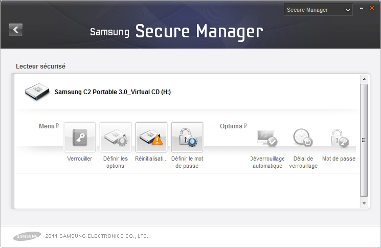 Chapitre 1 Premiers pas avec Samsung Drive Manager Utilisation d'un disque dur sécurisé Vous devez définir un mot de passe pour le disque dur sécurisé avant d'utiliser Samsung Secure Manager.