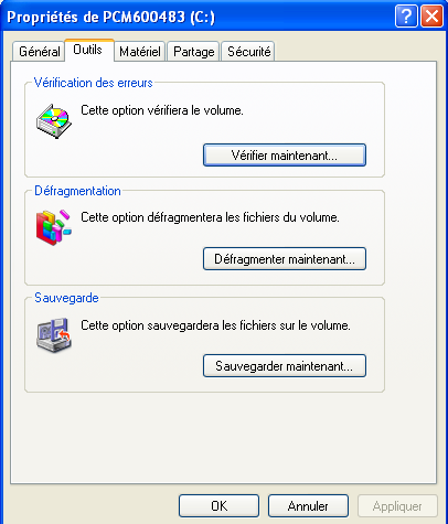 Pour lancer l'utilitaire Scandisk de Windows, affichez la boîte de dialogue des propriétés du