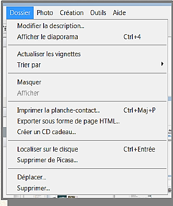 Le menu «Fichier» permet de - ajouter un dossier à Picasa - ajouter un fichier à Picasa - importer des photos - localiser sur le disque une photo d'album -