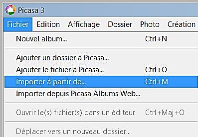 L'importation avec Picasa est activée dans le menu Fichier ou à partir de la