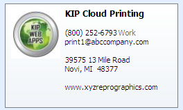 Par exemple, la carte de visite peut-être réglée de sorte que les fichiers soient imprimés sur du papier bond, à 50 %, vers l adresse de courriel correspondant à un système KIP 7100 particulier.
