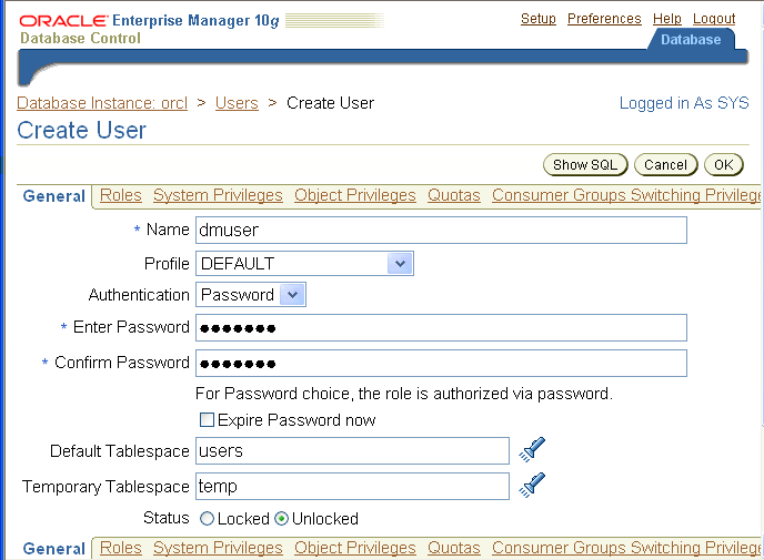 Création d un utilisateur ( 2 /2) Concepts synonymes en Oracle : account = user = schema = owner Création d