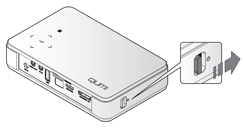 Connexion de l'audio Branchez des écouteurs ou mini haut-[arleurs sur le Qumi en utilisant le port Sortie audio.