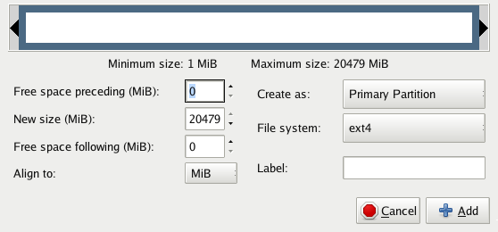 2. Partition Données Dans l'écran des partitions, cliquer avec le bouton droit sur la zone unallocated et sélectionner. Dans New size (MiB), saisir la taille de la partition.