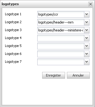 Cliquez sur la zone que vous souhaitez configurer, un panneau «logotypes» apparait à l écran : Ce composant permet de sélectionner parmi les logotypes publiés, lesquels seront affichés dans la zone