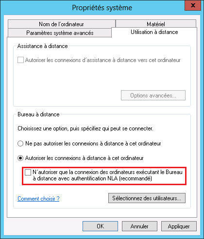 4.3 Windows 2012 4.3.1 Configuration des services Microsoft Bureau à distance Au niveau des «Propriétés système», onglet «Utilisation à distance», valider que l option «Autoriser les connexions à