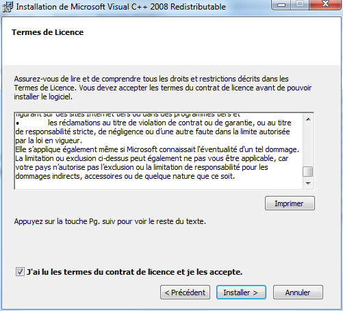 Vous accédez à la fenêtre «Installation de Microsoft Visual C++ 2008 Redistribuable». Cliquer sur Suivant.