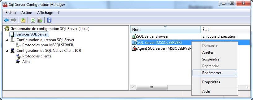 Le message d Avertissement s affiche, cliquez sur Sélectionnez dans la fenêtre de gauche «Services SQL Server», puis dans la fenêtre de droite,