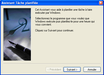 Windows XP Sélectionnez le menu «Démarrer Panneau de configuration Tâches planifiées».