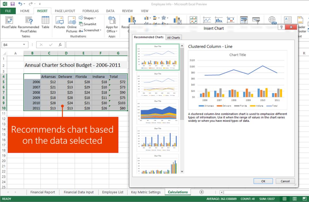 Improved user-experience Summary of new features Excel recognizes patterns and auto-completes No formulas or macros required Recommended charts Excel