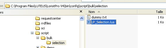 14.2.1.1 Création de nouveau script de type «bulk» Les scripts de type bulk sont placés dans le répertoire bin/config/scripts/bulk Lors de l appel du script, un fichier LP_Selection.
