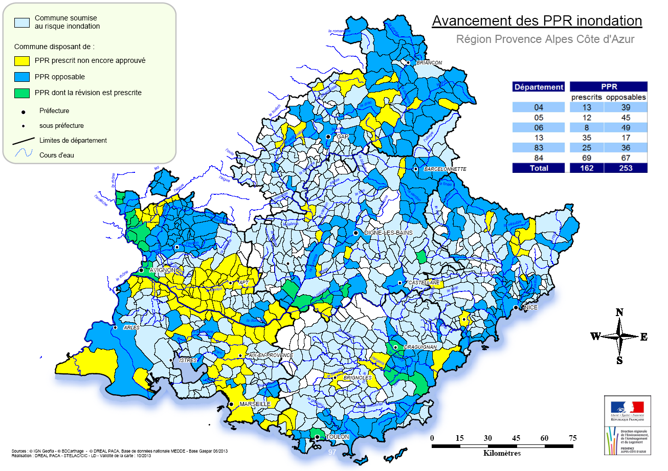 d'investissements forts en matière de PPR inondation : les basses vallées du Rhône (autour d'arles48) et de la Durance. Le retard en matière de PPRIF est progressivement rattrapé.