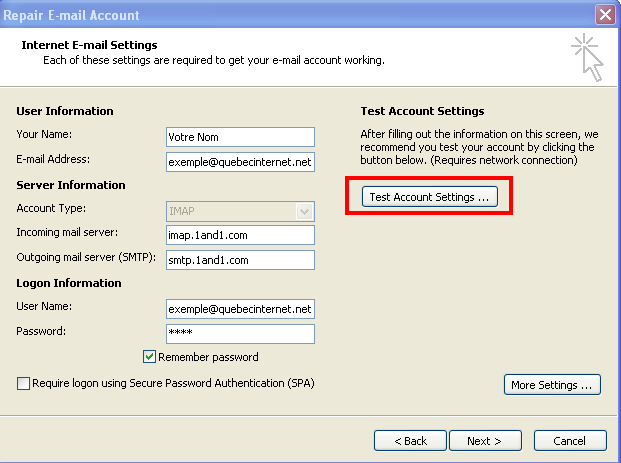 9-Cochez My outgoing server (SMTP) requires authentication et Use same settings as my