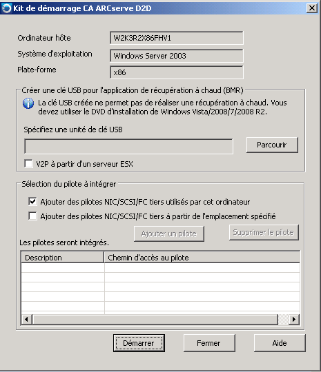 Récupération à chaud d'un ordinateur virtuel 2. Pour faire disparaître le message de bienvenue, cliquez sur OK. La boîte de dialogue Kit de démarrage de CA ARCserve D2D s'ouvre. 3.