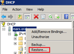 1.11.2 Restauration de la base de données Pour restaurer la base de données DHCP : Ouvrir la console DHCP. Cliquer sur le bouton droit sur le nom de votre serveur DHCP.