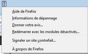 ? Aide de Firefox : Ouvre une page d assistance où sont regroupées les questions les plus fréquentes Information de dépannage : Cette page contient des informations techniques (installation) qui