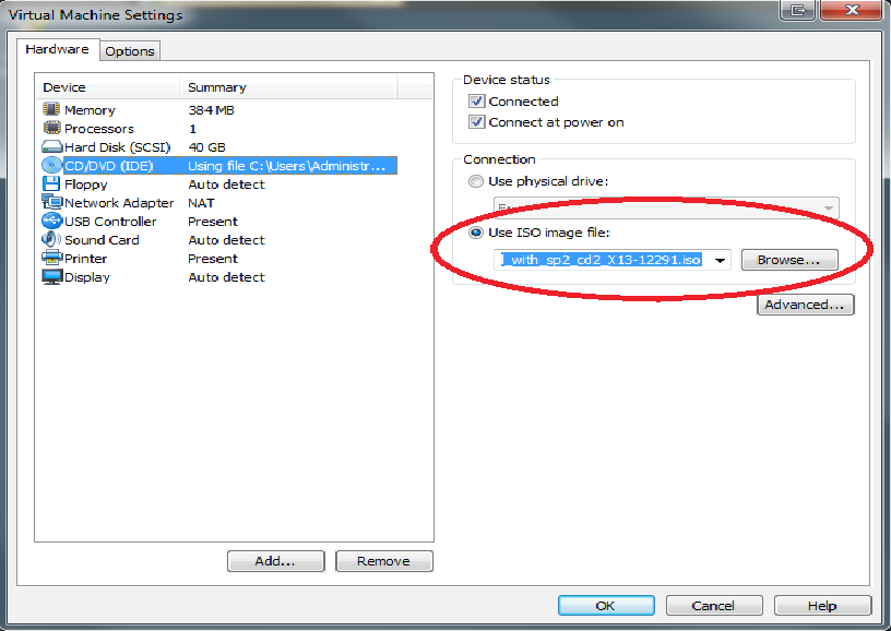 6. Selectionner "Use ISO Image File" et cliquer sur Browse (parcourir) pour aller chercher l'iso du cd n 2 de windows Server 2003 7.