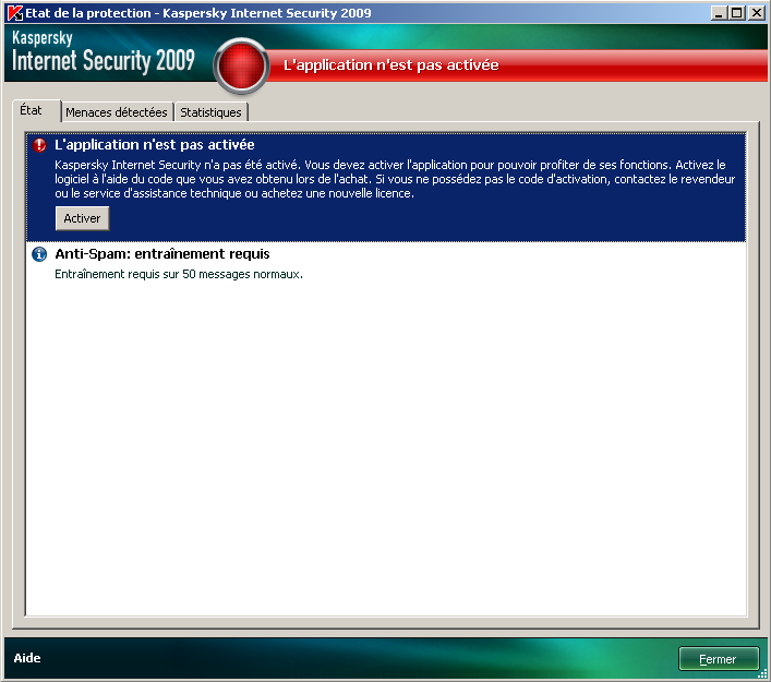 64 Kaspersky Internet Security 2009 L onglet Etat, accessible en cliquant sur le lien Corriger (cf. ill.