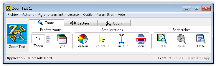 Interface utilisateur de ZoomText 10 Les fonctions principales 1) Agrandissement modulable ZoomText (Zt) : 1 à 36 X sur Windows xp ou Seven et jusqu à 60x sur Windows 8.