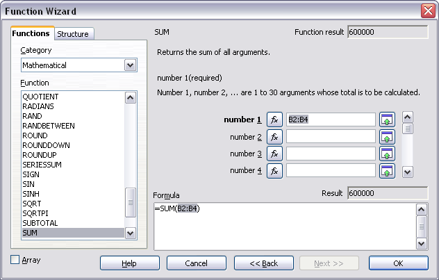 Utilisation guidée de fonctions Les tableurs OpenOffice Calc et Microsoft Excel disposent chacun d un assistant qui guide l utilisateur lors de la définition des paramètres de la fonction.