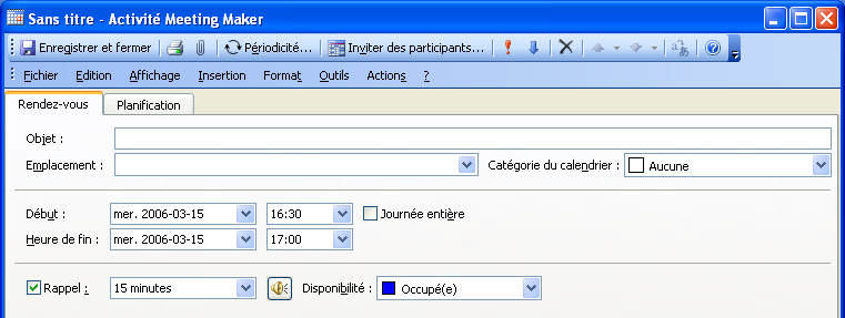 Création d une demande de réunion 1 Démarrez Microsoft Outlook. La boîte de réception de Microsoft Outlook apparaît. 2 Cliquez sur Fichier > Nouveau. L écran ci-dessous apparaît.