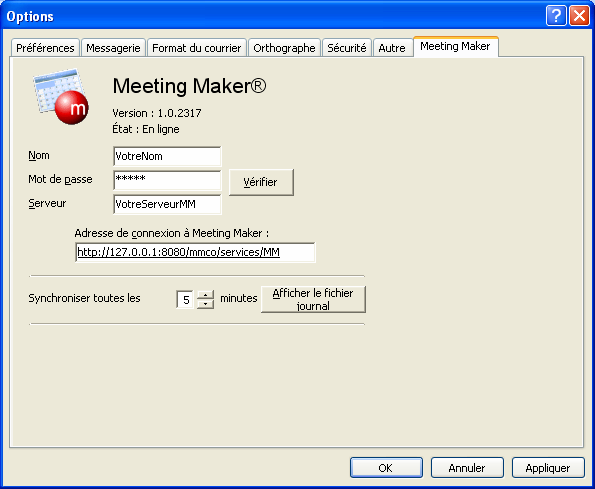 CHAPITRE 5 : PERSONNALISATION DES OPTIONS L installation de MMCO ajoute un onglet Meeting Maker dans le menu Options de Microsoft Outlook.