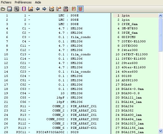 Figure 16. Exemple de netliste généré pour la chaîne de mesure. - PCBnew Ce logiciel permet de placer les composants pour réaliser une carte.