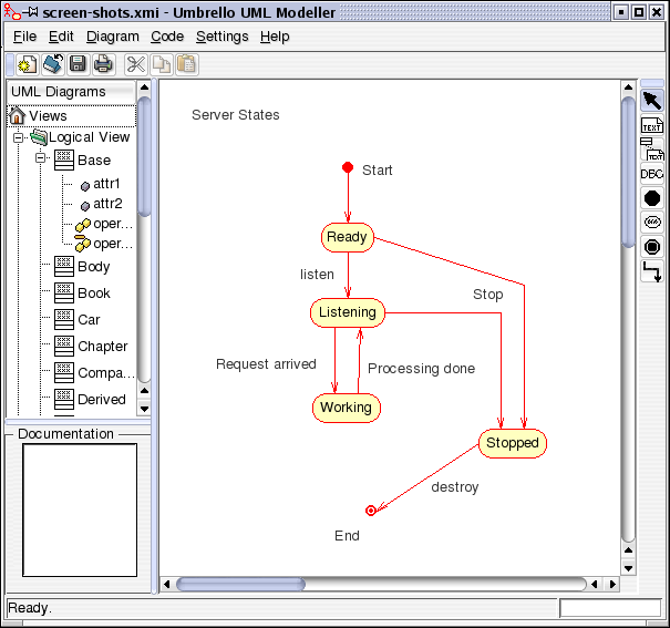 Annexe H : Bases d'uml avec Umbrello A Client terminates a request The request is executed and terminated Object receives message stop etc Umbrello UML Modeller showing a State Diagram State States